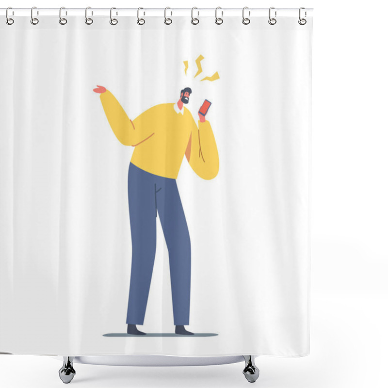 Personality  Furious Angry Man Yelling To Smartphone, Fury And Rage. Outraged Male Character With Aggressive Face Expression Scolding Shower Curtains