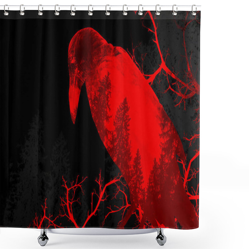 Personality  Collage Grunge Styled Red Toned Crow Photo With Forest And Branches Effect. Shower Curtains