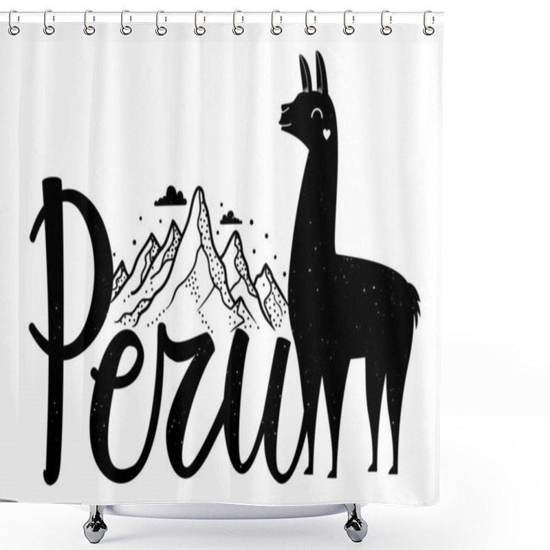 Personality  Vector Illustration With Calligraphy Word Peru, Mountains, Clouds And Smiling Llama With Heart. Shower Curtains