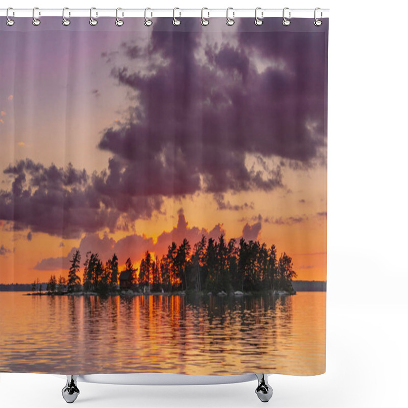 Personality  Orange Skies Behind Island And Lake In Minnesota Shower Curtains