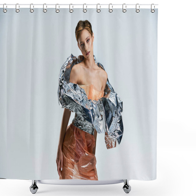 Personality  A Model Poses In A Striking Outfit Made Entirely From Recycled Materials. Shower Curtains