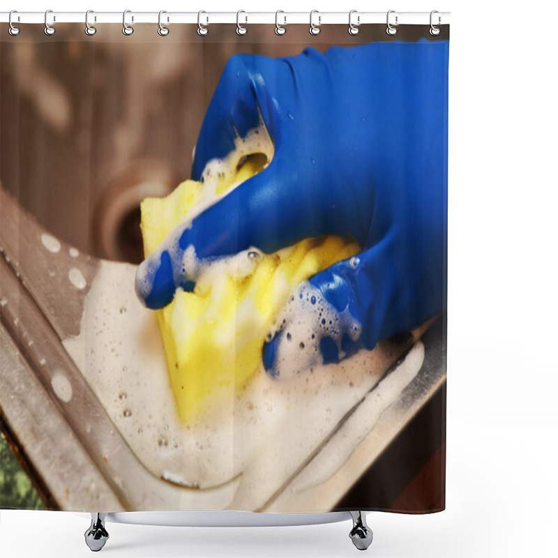 Personality  Woman Washing The Dishes In The Kitchen Sink Area - Closeup On Hands Shower Curtains