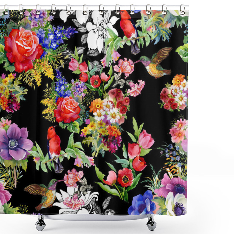 Personality  Birds With Garden Flowers Shower Curtains