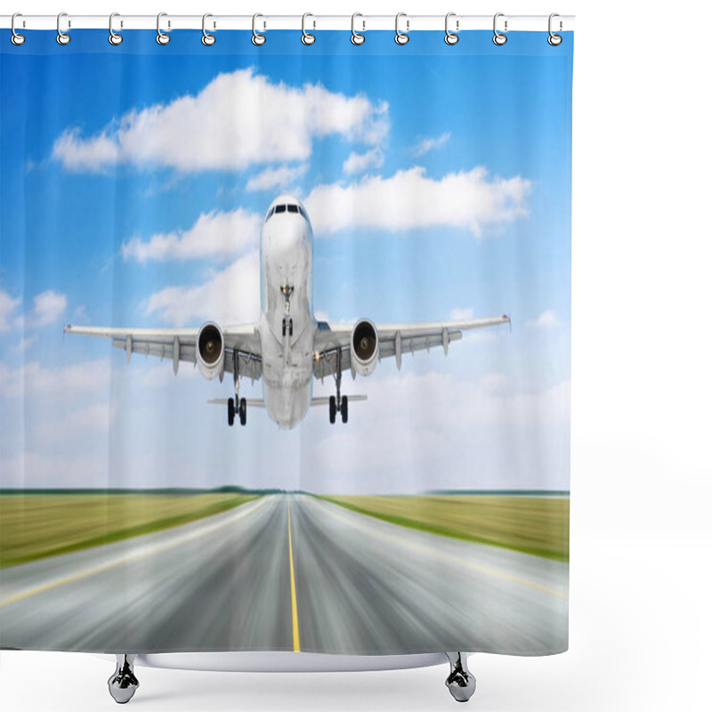 Personality  Airplane Aircraft Flying Departure Landing Speed Motion On A Runway In The Good Weather With Cumulus Clouds Sky Day. Shower Curtains