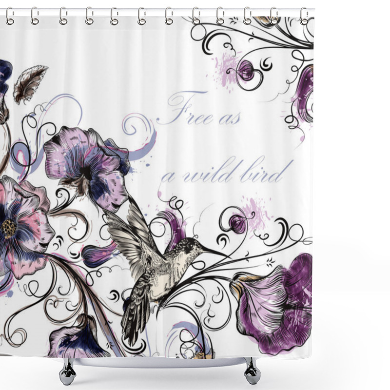 Personality  Beautiful Vector Back With Orchid Flowers Hummingbirds Shower Curtains