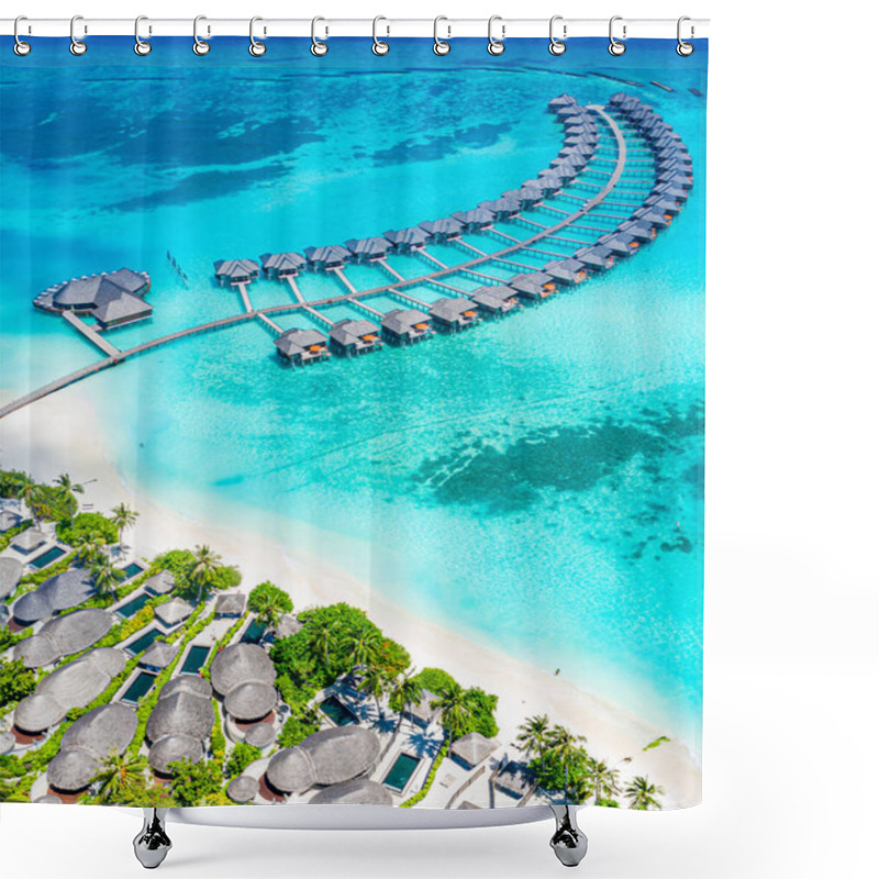 Personality  Aerial View Of Maldives Island, Luxury Water Villas Resort And Wooden Pier. Beautiful Ocean Lagoon Beach Background. Summer Vacation Holiday And Travel Concept. Paradise Aerial Landscape Shower Curtains