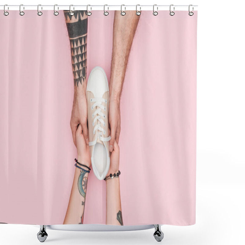 Personality  Cropped View Of Tattooed Couple Holding One Sneaker Isolated On Pink Shower Curtains