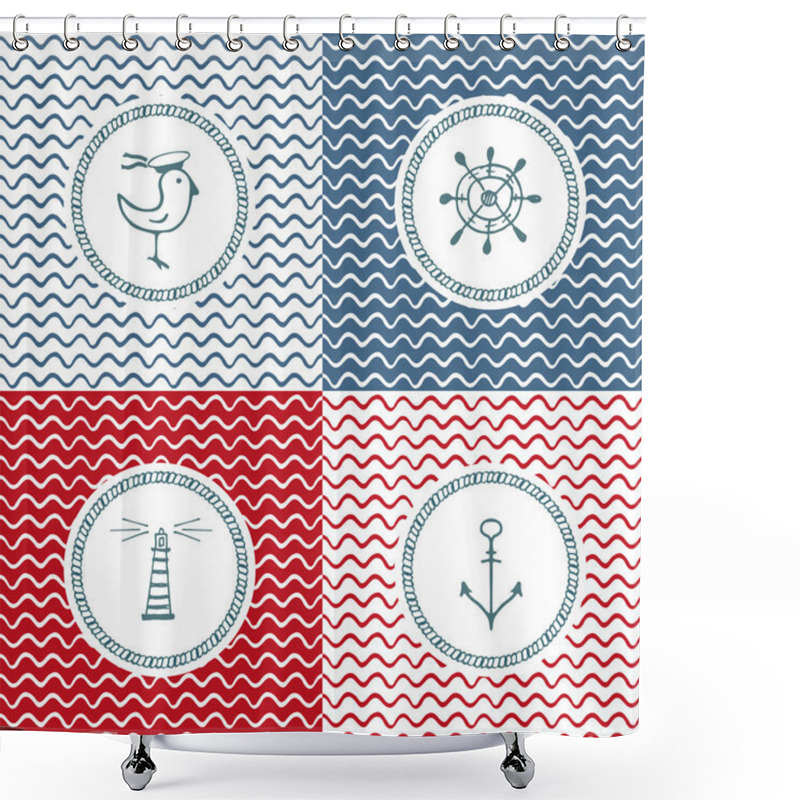 Personality  Sea Hand Drawn Icons On Wave Background Shower Curtains