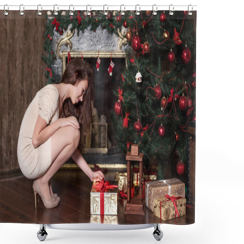 Personality   Young Girl Teenager Puts Under The Christmas Tree Gift Squatting Near The New Year Decorated Fireplace Shower Curtains