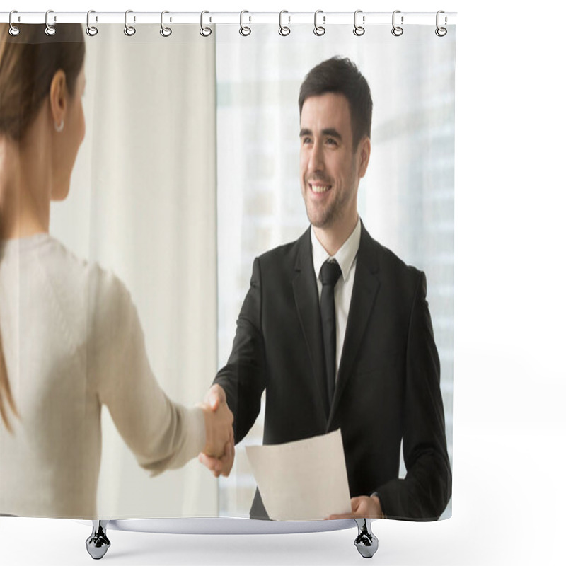 Personality  Boss Congratulating Female Employee With Promotion Shower Curtains