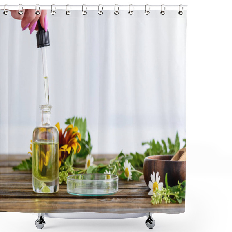 Personality  Partial View Of Woman Holding Dropper Near Bottle With Essential Oil, Sunflower And Chamomile Flowers On White Background Shower Curtains