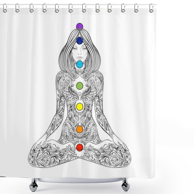 Personality  Yoga. Woman Ornate Silhouette Sitting In Lotus Pose Over Ornamental Flower, Ethnic Art. Meditation, Kundalini, Tantra, Ayurveda, Aura And Chakras. Vector Illustration. Isolated On White. Shower Curtains