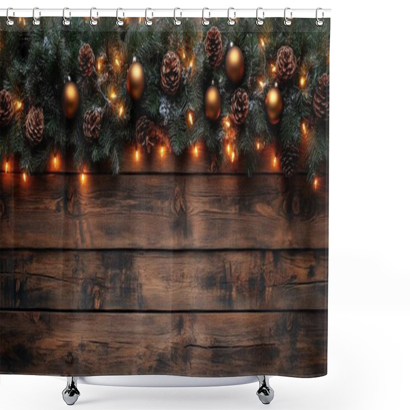 Personality  Festive Holiday Decorations With Pinecones And Golden Ornaments On A Wooden Background. Shower Curtains