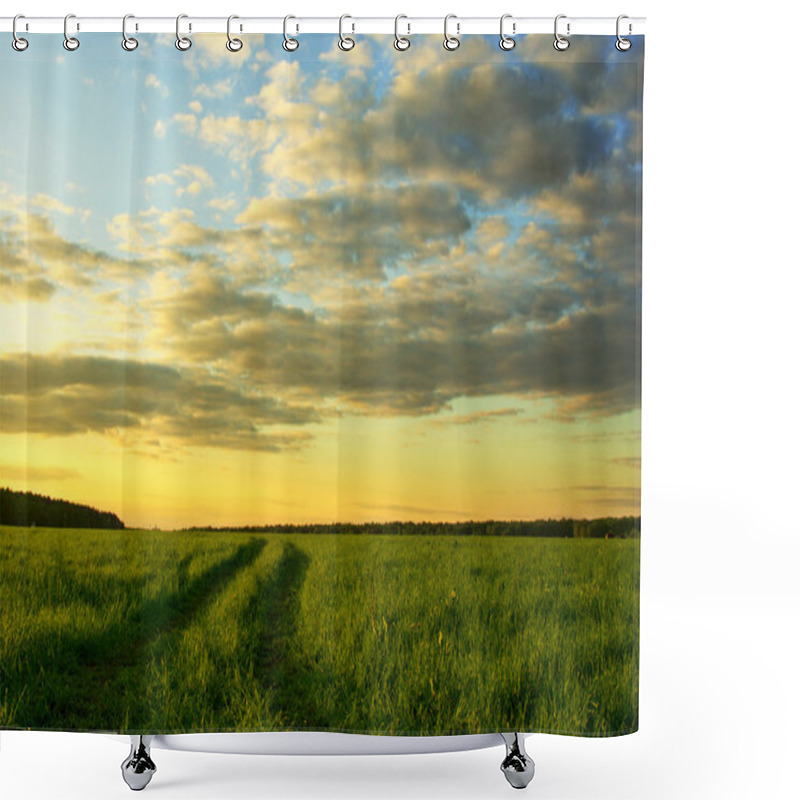 Personality  Grass Field And Dramatic Sky At Sunset Shower Curtains