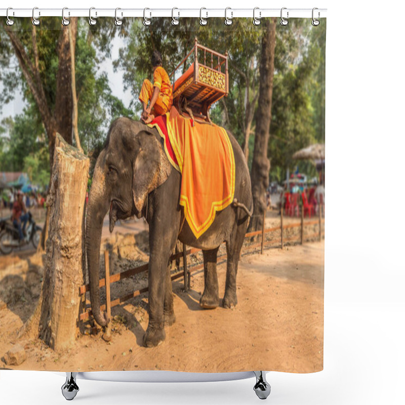 Personality  Tourists Ride An Elephant At The Area Of Angkor Wat, Near Siem Reap, Cambodia In A Summer Day Shower Curtains