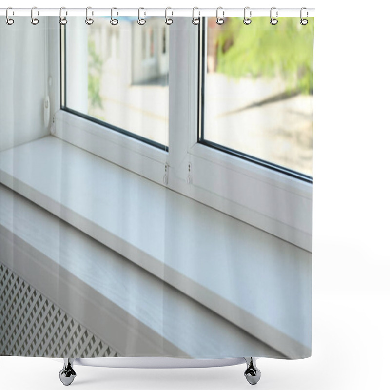 Personality  Closeup View Of Window With Empty White Sill Shower Curtains