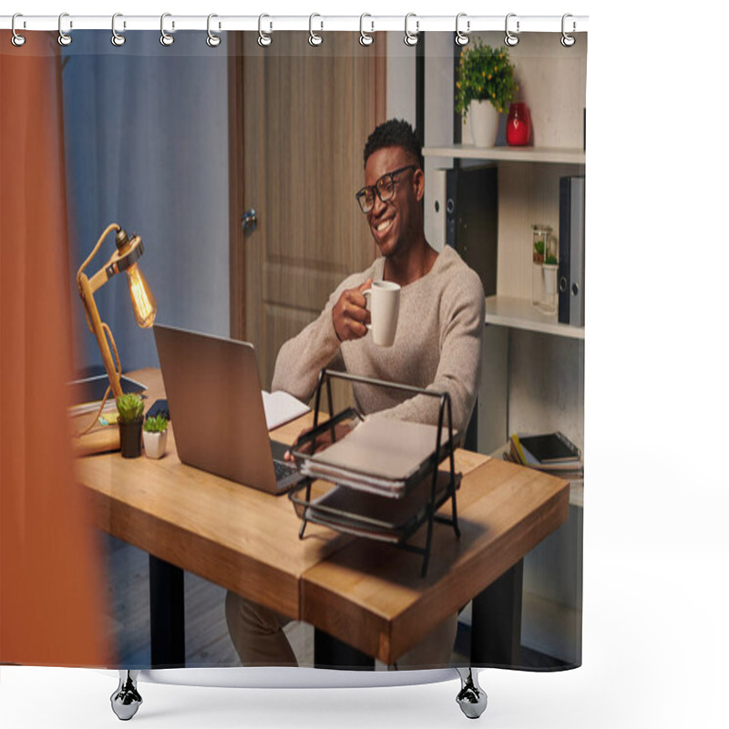 Personality  Joyful African American Man With Coffee Cup Smiling During Video Call In Home Office, Freelancer Shower Curtains