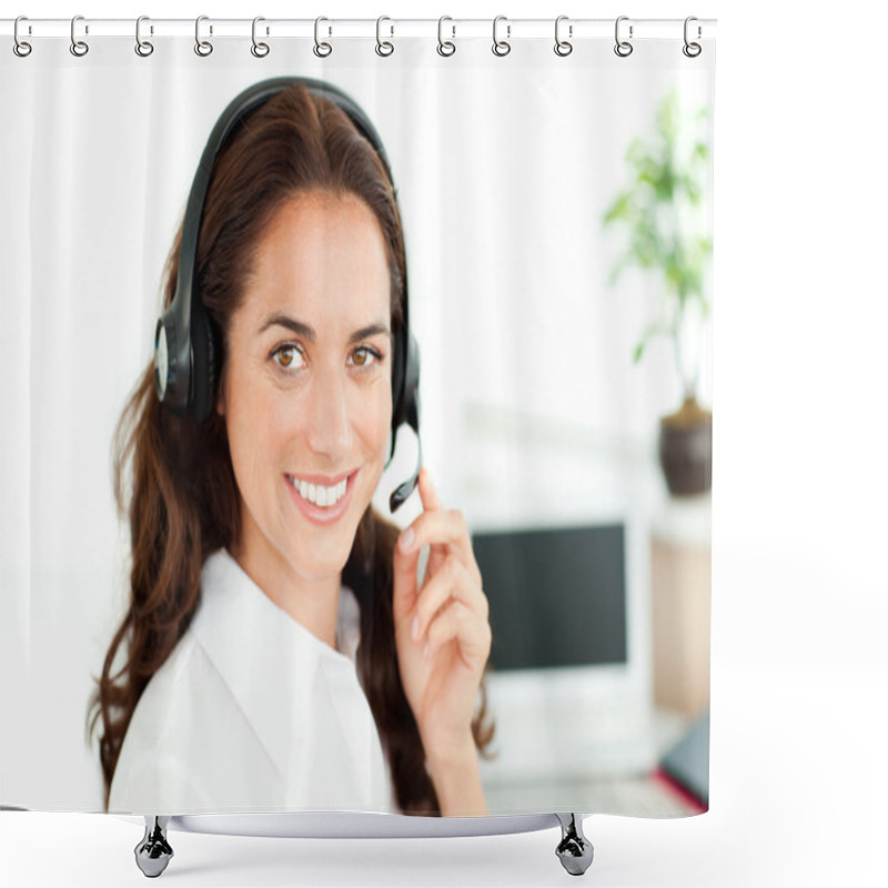 Personality  Smiling Woman Looking At The Camera Wearing A Headset Shower Curtains