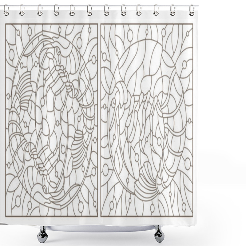 Personality  Set Of Contour Illustrations In Stained Glass Style With Shrimps On A Background Of Water And Air Bubbles, Dark Contours On A White Background, Square Images Shower Curtains