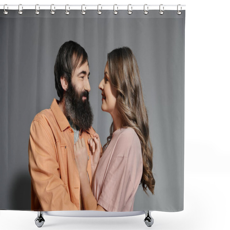 Personality  A Loving Couple Poses In Front Of A Gray Backdrop, Showcasing Their Affection For Each Other. Shower Curtains