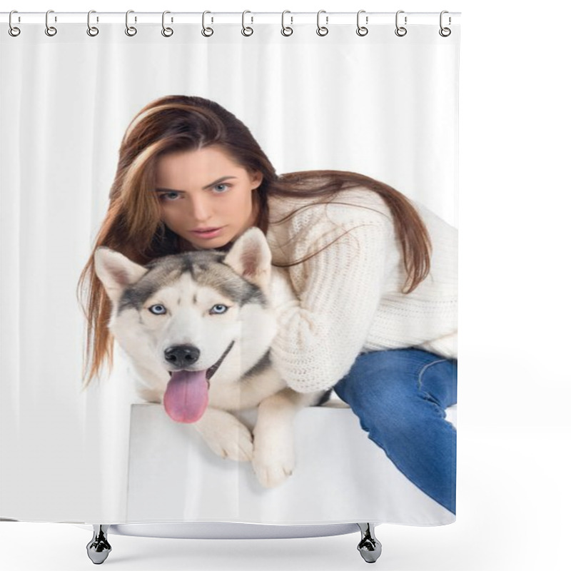 Personality  Beautiful Girl Hugging Husky Dog, Isolated On White Shower Curtains