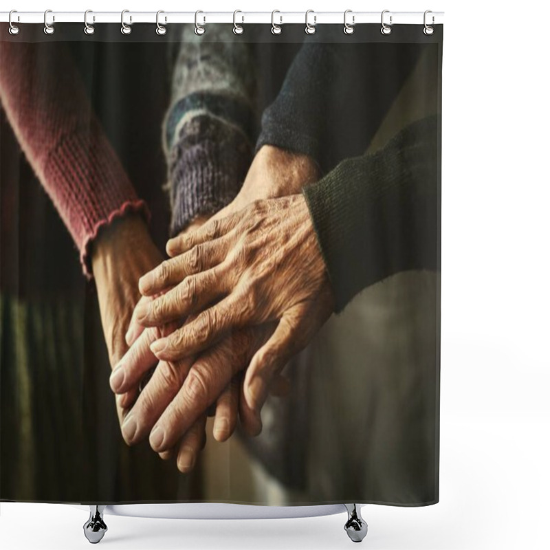 Personality  Elderly Group Of Friends Stacking Hands Shower Curtains