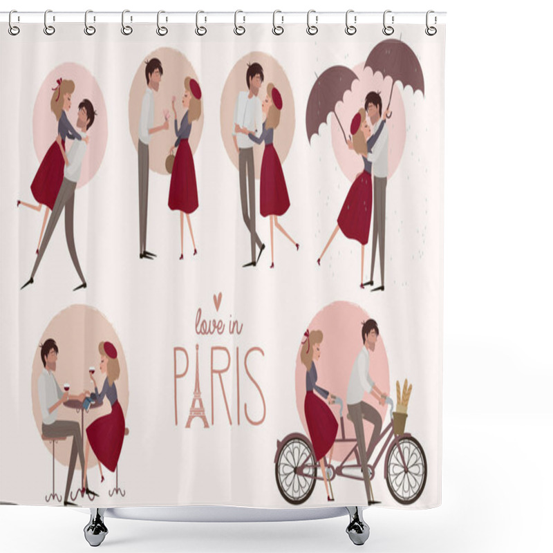 Personality  Set Of Characters. Love Story In Paris With A Lover Couple In Different Poses. Editable Vector Illustration Shower Curtains