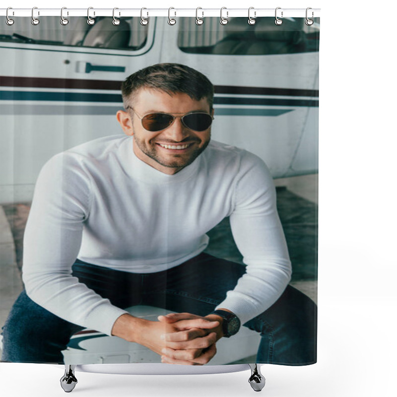 Personality  Smiling Man In Sunglasses Sitting With Clenched Hands Near Plane Shower Curtains