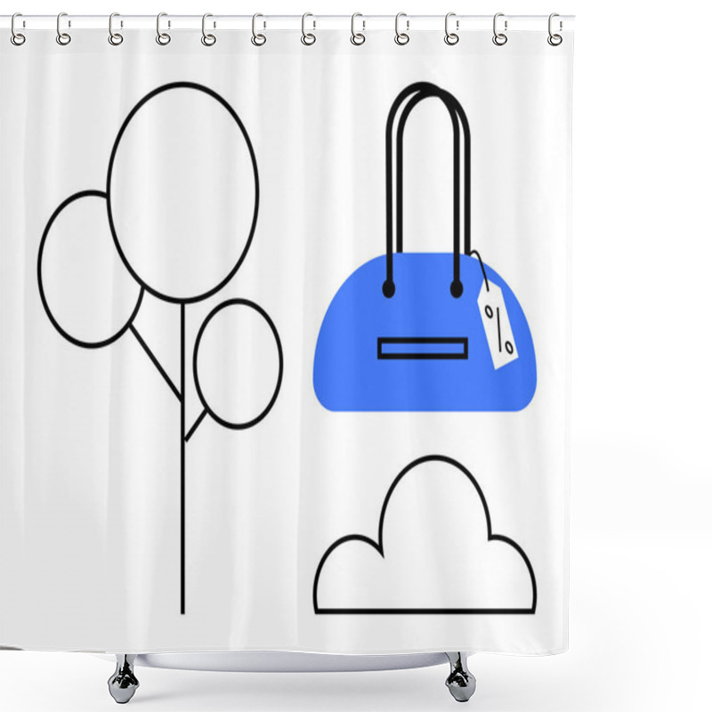 Personality  Contour Tree With Three Circular Leaves, Blue Handbag With Black Handles And Price Tag, Rounded Cloud Outline. Ideal For Retail, Nature, Travel, Weather, Shopping Minimalism Modern Design. Line Shower Curtains