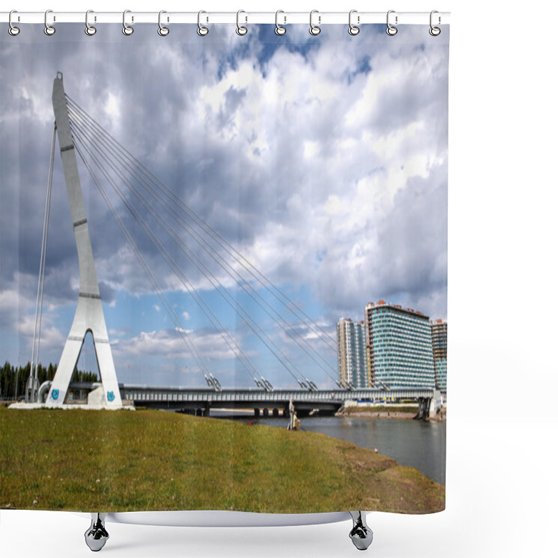 Personality  Suspension Bridge With Heating Main, Over River In Residential Area Shower Curtains