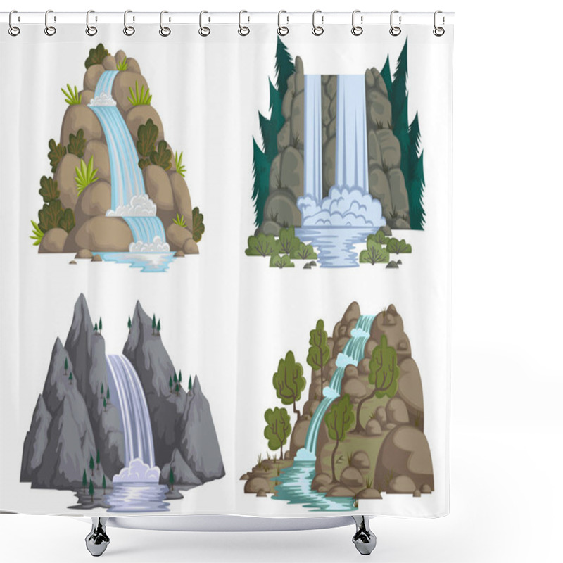 Personality  Waterfalls Set. Cartoon Landscapes With Mountains And Trees. Vector Illustration Shower Curtains