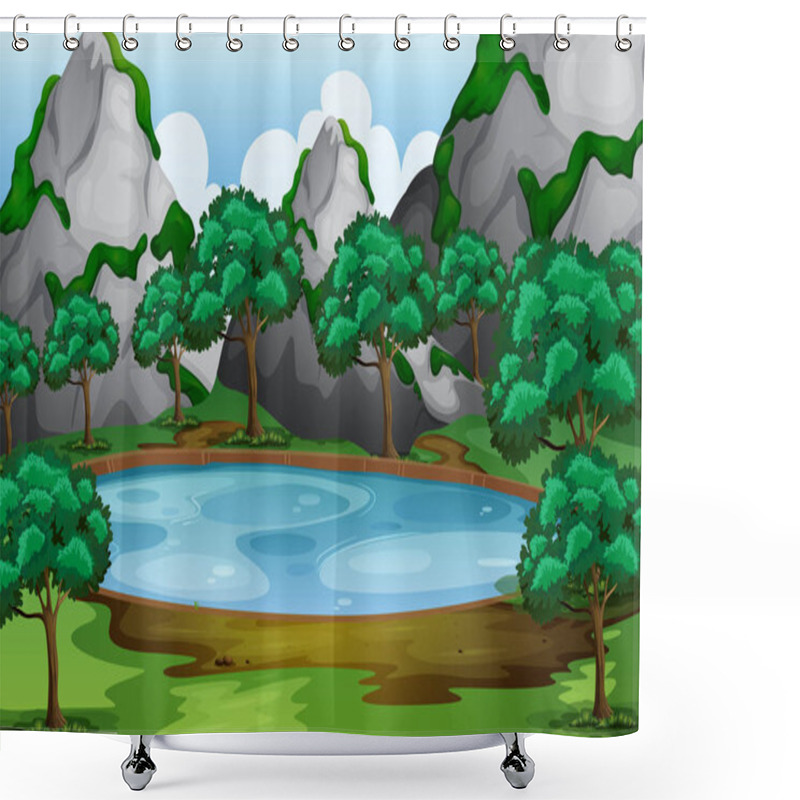 Personality  Forest Scene With Trees Around The Pond Shower Curtains