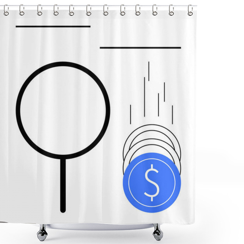 Personality  Magnifying Glass Analyzing Arrangement Of Blue Coins With Dollar Signs Falling In Patterns. Ideal For Finance, Investment, Savings, Economic Trends, Business Growth, Market Research, Cost Analysis Shower Curtains