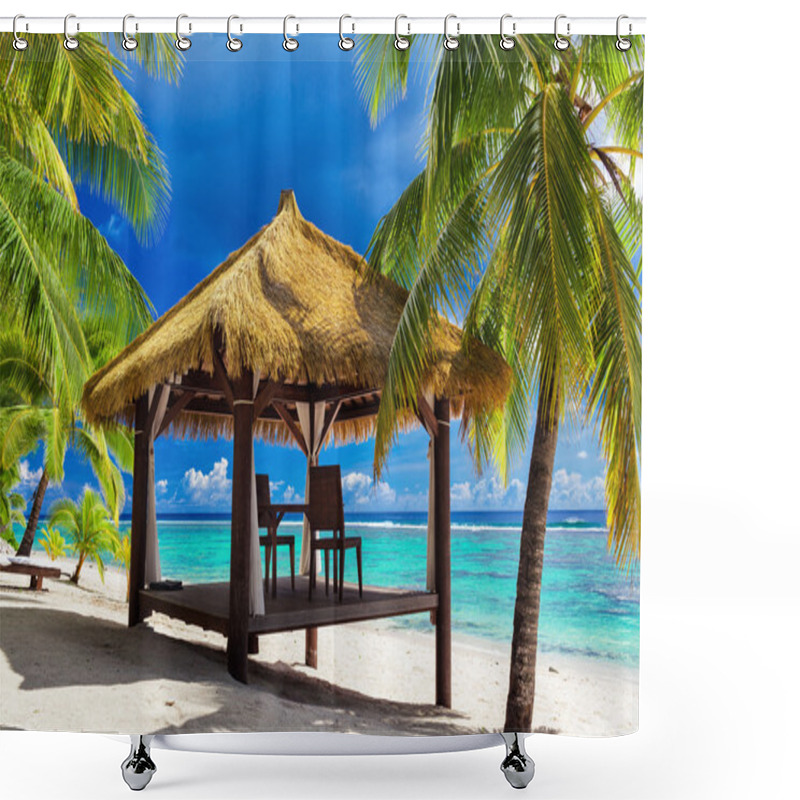 Personality  Tropical Gazebo And Two Chairs On An Island Beach With Palm Tree Shower Curtains