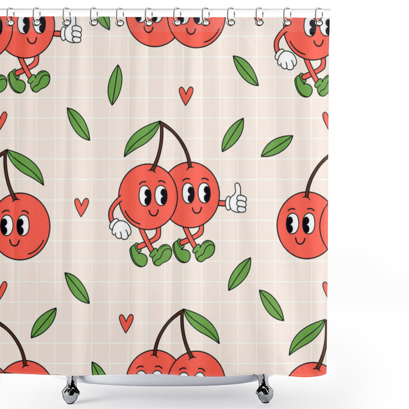 Personality  Seamless Pattern With Cute Cherries On A Checkered Background Shower Curtains