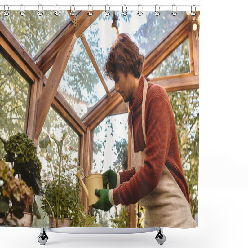 Personality  Amidst A Vibrant Greenhouse, A Young And Handsome Man Lovingly Waters A Variety Of Plants. Sunlight Filters Through The Glass, Illuminating His Green Gloves And Thoughtful Expression. Shower Curtains