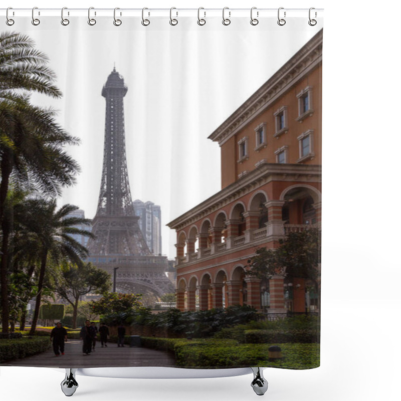 Personality  People Walking Around  The Strip, With The Eiffel Tower In Macao Shower Curtains