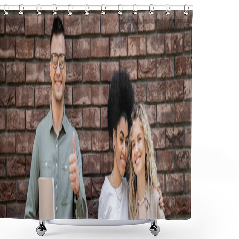 Personality  Real Estate Broker Showing Like And Smiling At Camera Near Happy Interracial Lesbian Couple, Banner Shower Curtains