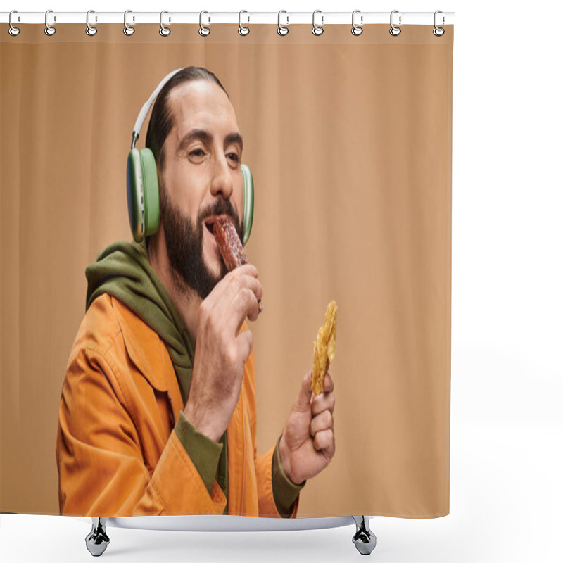 Personality  Happy Arabic Man In Headphones Holding Honey Baklava And Biting Churchkhela On Beige Backdrop Shower Curtains