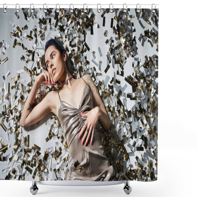 Personality  A Young Woman With Blue Hair Poses Elegantly In A Silver Party Dress While Laying On A Floor Of Confetti. Shower Curtains