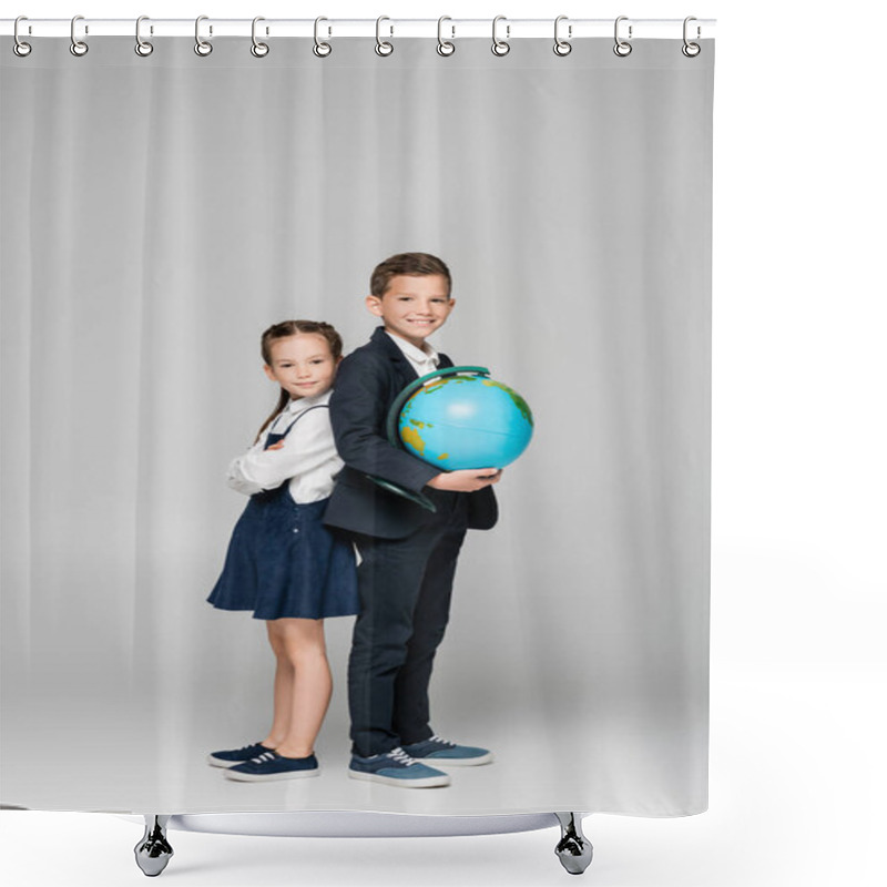 Personality  Happy Schoolboy Holding Globe While Standing With Girl In Dress On Grey Shower Curtains