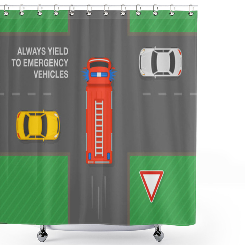 Personality  Safe Driving Tips And Traffic Regulation Rules. Always Give Way To Emergency Vehicles At Crossroads. Fire Truck Car Goes First At Intersection With Give Way Sign. Flat Vector Illustration Template. Shower Curtains