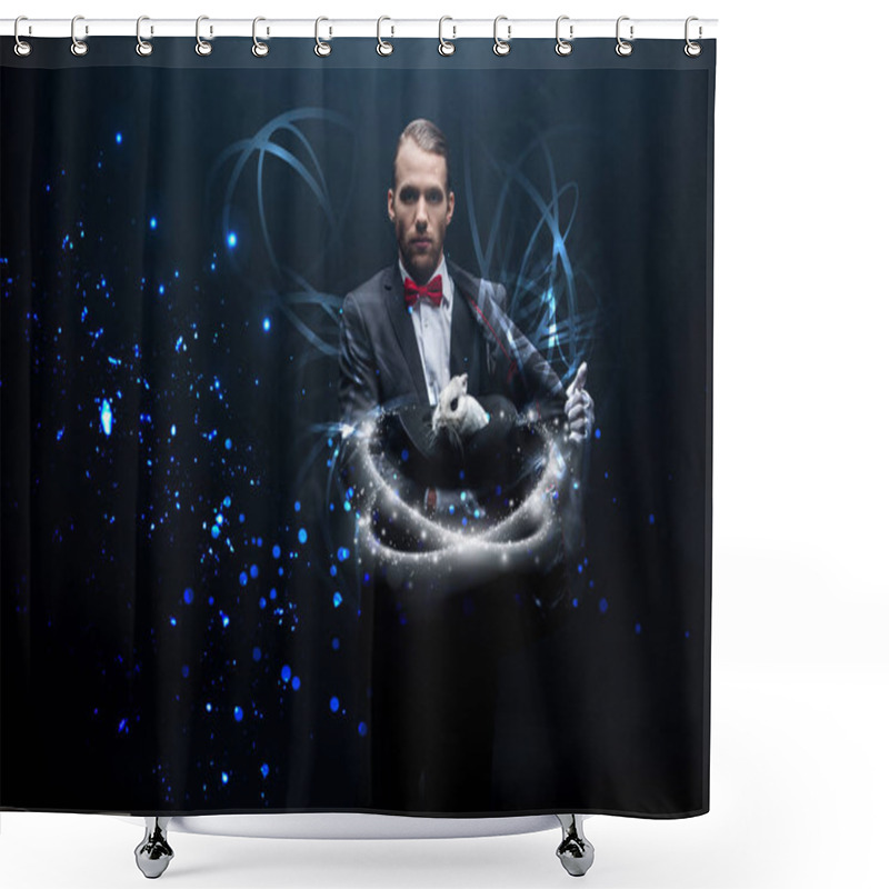 Personality  Young Magician Holding White Rabbit In Hat, Dark Room With Smoke And Glowing Illustration Shower Curtains