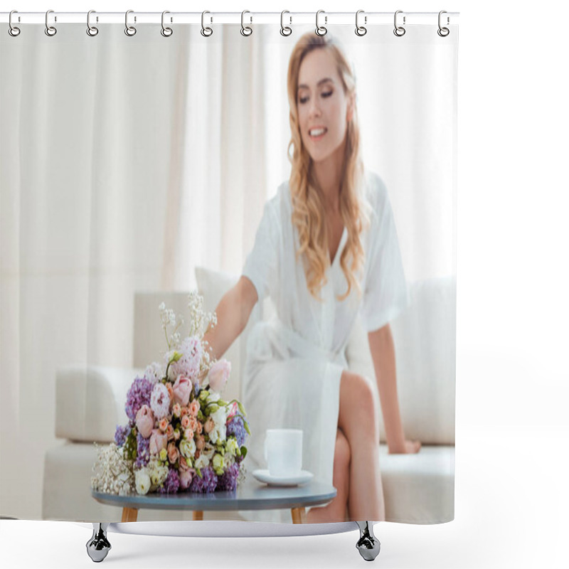 Personality  Woman On Sofa With Wedding Bouquet Shower Curtains