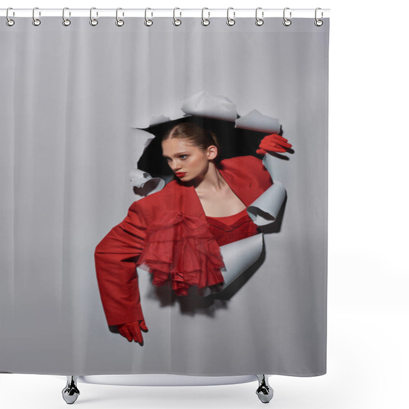 Personality  Pretty Young Woman In Red Blazer And Gloves Breaking Though Hole In Grey Background, Conceptual Shower Curtains