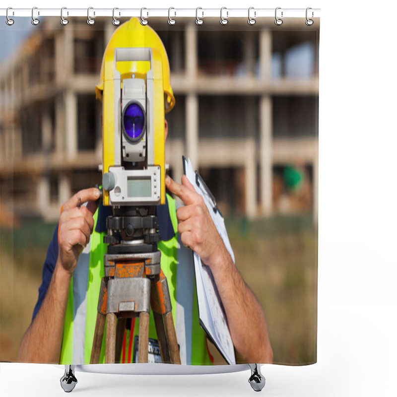 Personality  Land Surveyor Looking Through Theodolite Shower Curtains