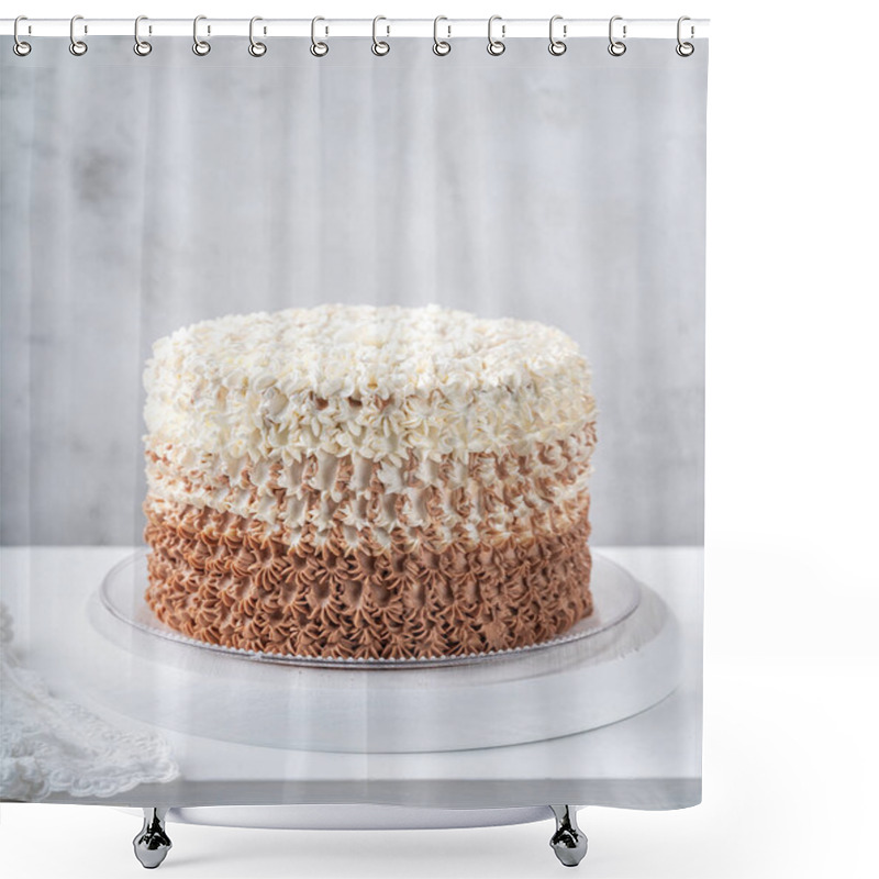 Personality  Gorgeous Ombre Cake Covered Made Of Buttercream Icing On White Wooden Table. Space For Text. Wedding Celebration Concept. Shower Curtains