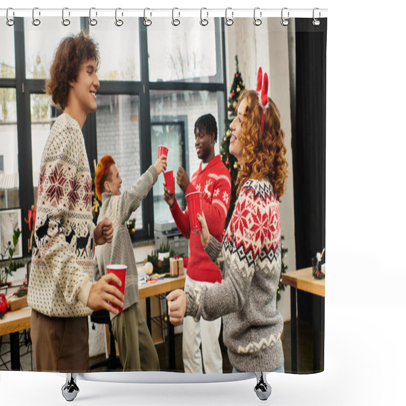 Personality  Young Professionals Enjoy A Lively Christmas Celebration With Drinks And Laughter In The Office. Shower Curtains