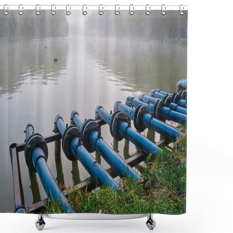 Personality  Blue Pipes Connected Into A City Pond, On A Foggy Morning, At Alexandru Ioan Cuza (IOR) Park, Bucharest, Romania.. Shower Curtains