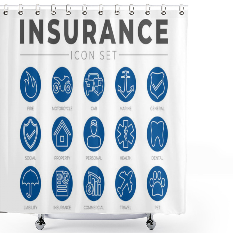 Personality  Round Outline Insurance Icon Set With Car, Property, Fire, Life, Pet, Travel, Dental, Commercial, Health, Marine, Liability Web Icons Shower Curtains